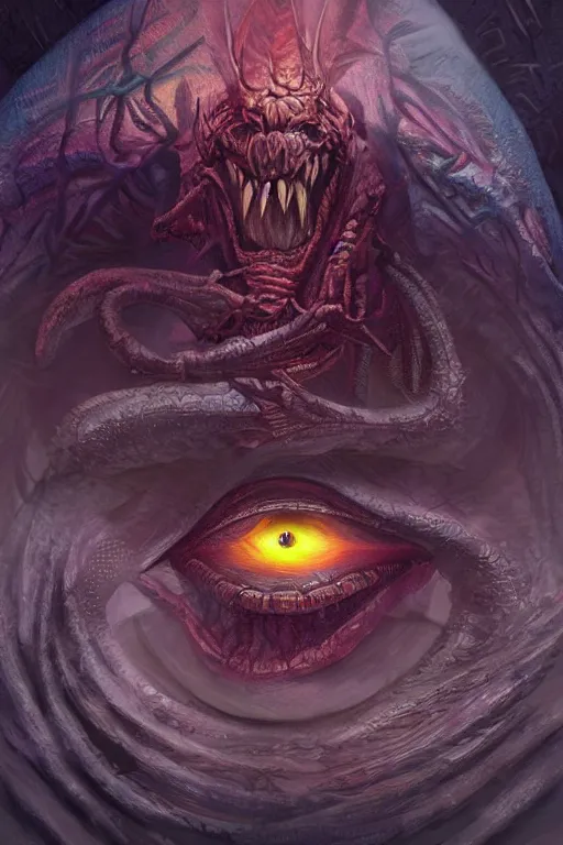 Prompt: fantastical digital art of the creature: eye of the beholder on a magic the gathering card