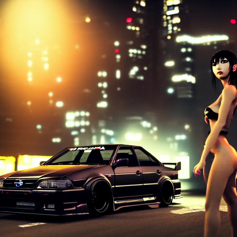 Image similar to toyota jzx 1 0 0 drift, detailed - wheels, shibuya prefecture, cyberpunk female supermodel in front, cinematic lighting, photorealistic, night photography, octane render