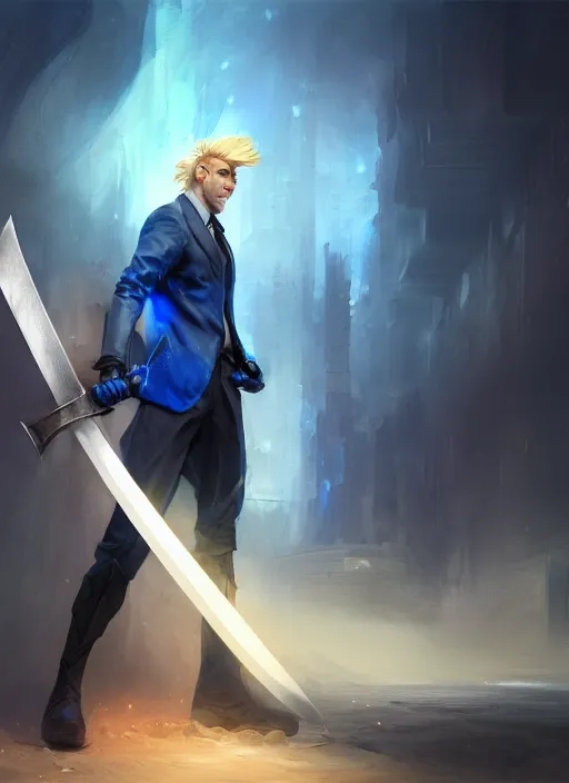 Prompt: side profile of a man with blonde hair in a blue suit wielding a large sword and a gun in a holster, fantasy, digital painting, volumetric light, intricate, sharp, focus, bloom, illustration, highly detailed, concept art, matte, ruan jia, randy vargas, greg rutkowski