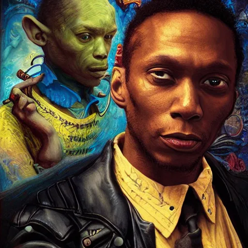 Prompt: mos def on dollar bill by basquiat fantasy character portrait, ultra realistic, wide angle, intricate details, mass effect, artifacts, highly detailed, michael cheval, peter mohrbacher, boris vallejo, jessica rossier, oil painting, highly detailed, cinematic lighting, unreal