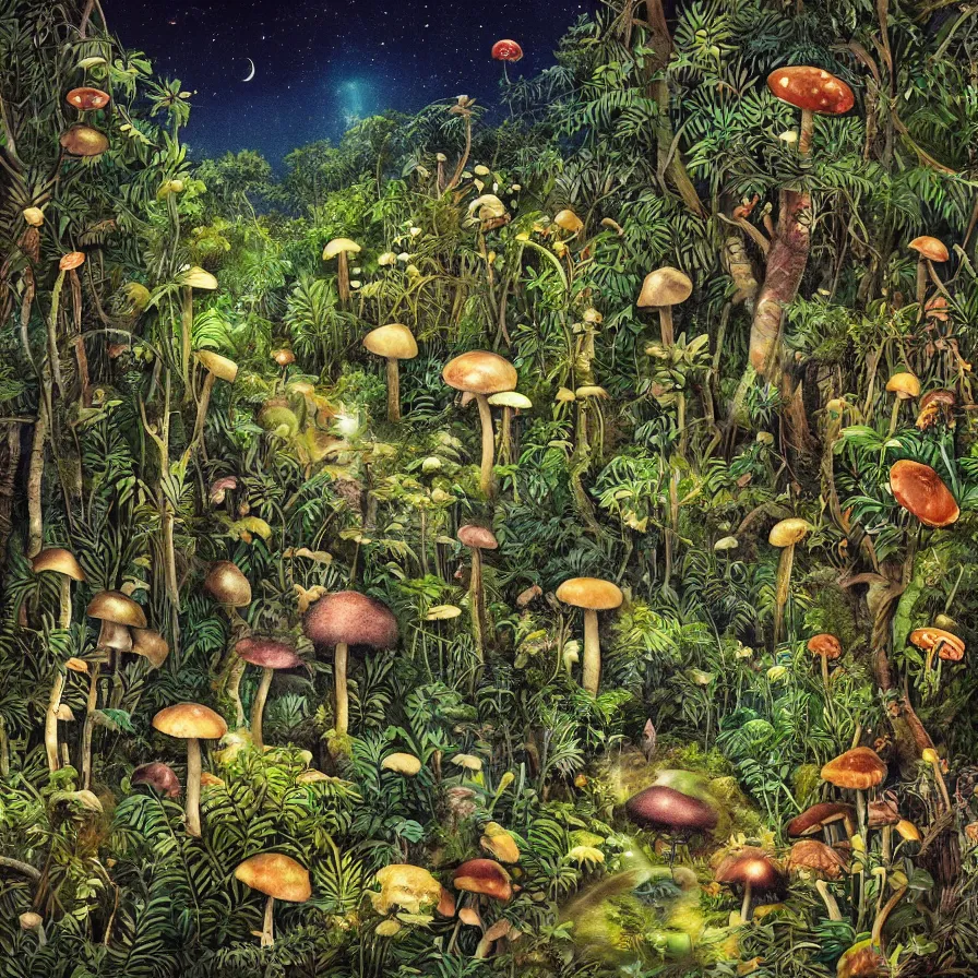 Image similar to album art, of an overgrown dense tropical forest at night, mushrooms, eucalyptus trees, fireflies, and a badger, omni magazine