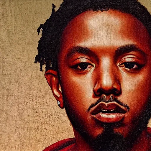 Image similar to a renaissance style portrait painting of kendrick lamar