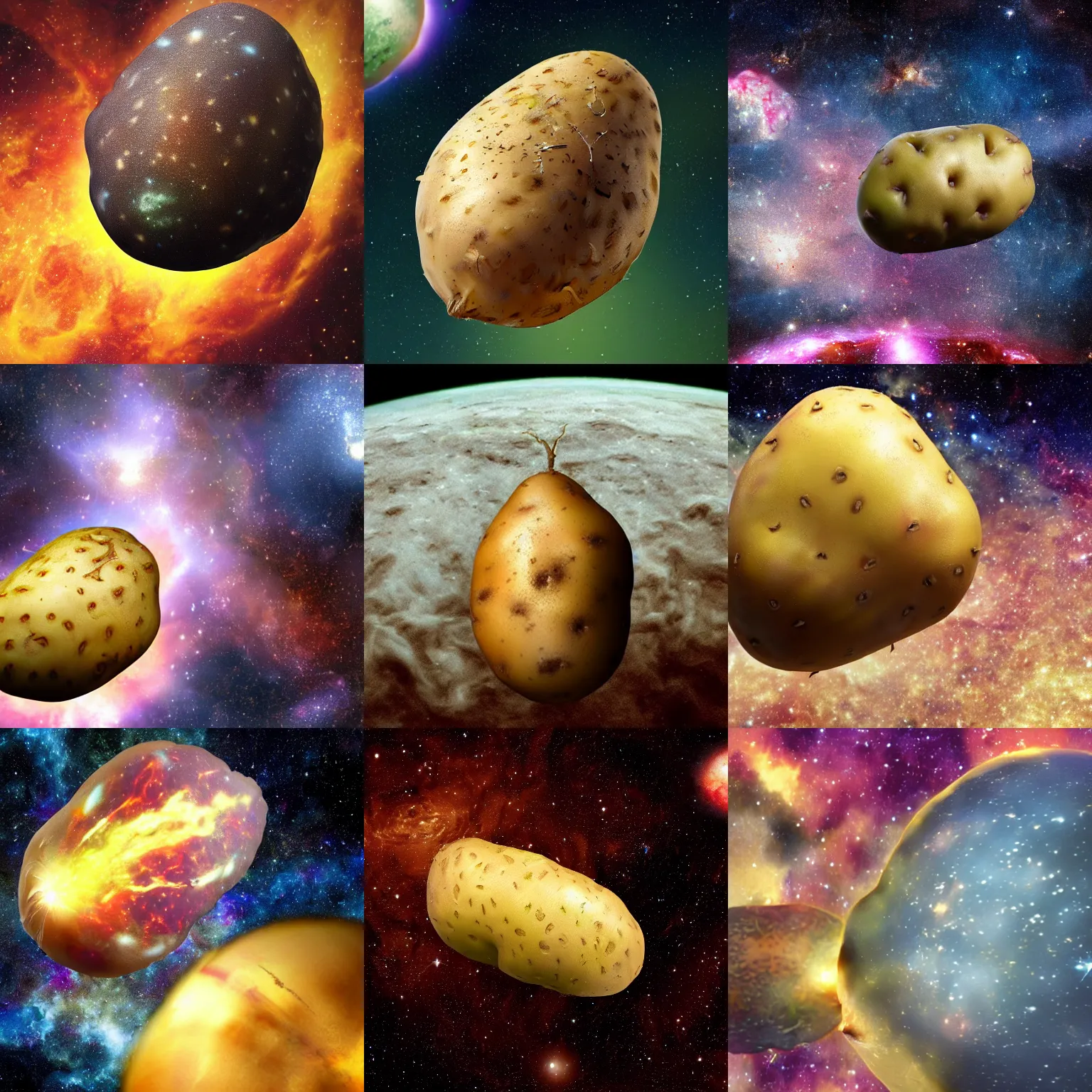 Prompt: rotten potato floating in the universe with nebula in the back, highly detailed, photo realistic