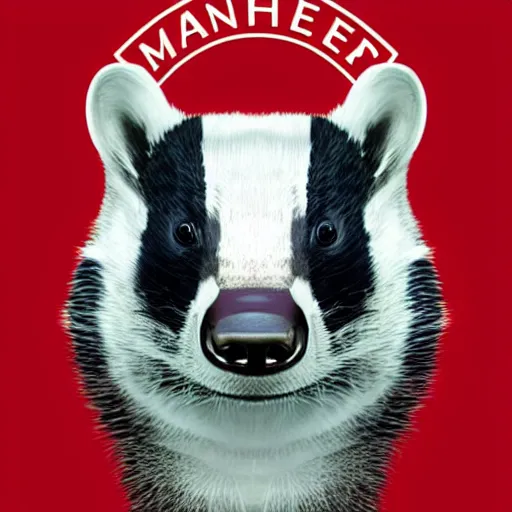 Prompt: portrait of a badger wearing a manchester united jersey