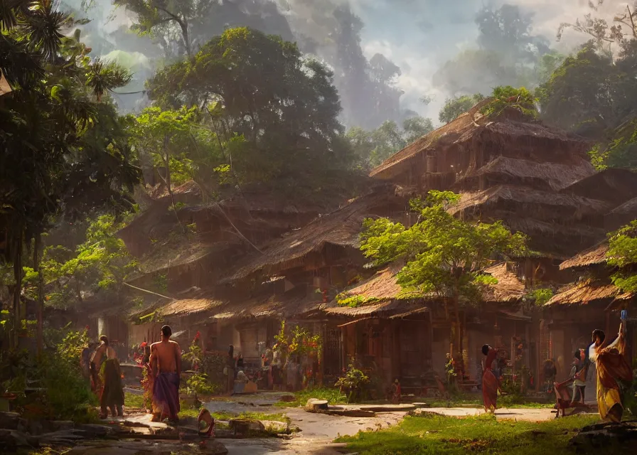 Image similar to kerala village, sharp focus, wide shot, trending on ArtStation, masterpiece, by Greg Rutkowski, by Ross Tran, by Fenghua Zhong, octane, soft render, oil on canvas, colorful, cinematic, environmental concept art