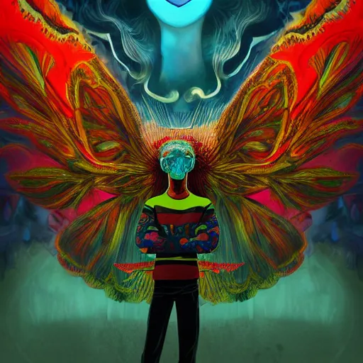 Image similar to 8K centered headshot Portrait of a psychedelic godlike mothman posing with a cigar with giant mandala wings smoking a hand-rolled cigarette smoking heavily , magic mushroom village in background , post-processing , award winning. superb resolution. in the art style of Satoshi Kon and Greg Rutkowski , Detailed Mushroom city in background , Hyper realistic anime , Perfect art , Dalle2