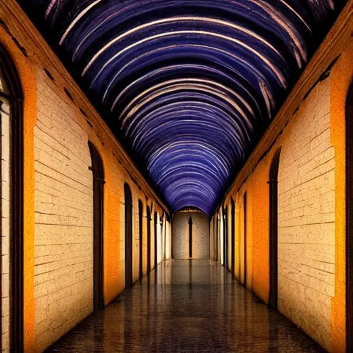 Image similar to a long colorful asylum hallway at night, arched ceiling, one point perspective, vanishing point, symmetrical composition, rich colors, dramatic lighting, by lee madgwick, photorealistic, v - ray render 8 k uhd