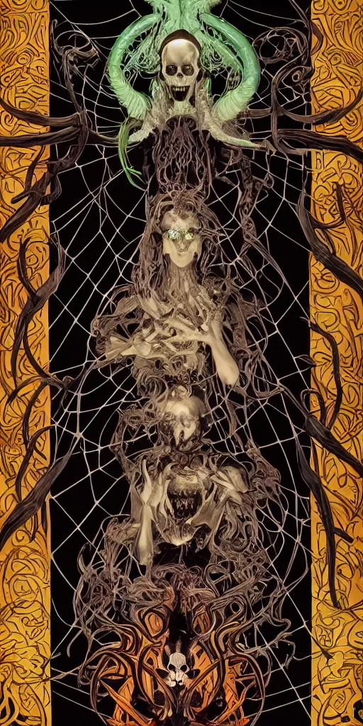 Image similar to intense glowing black metal pagan god with horns and spider eyes and spider legs with a skull in very dark void by josan gonzales and moebius and alphonse mucha, portrait, studio muti, malika favre, rhads, makoto