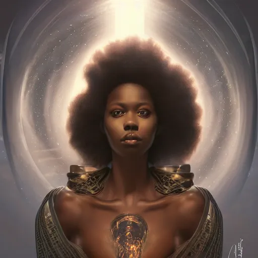 Prompt: black african princess, giger, warm volumetric lighting, cosmic, symmetric, highly detailed, elegant, concept art, heavenly, god rays, glowing aura, intricate, sharp focus, illustration, alexandros pyromallis, bouguereau, rutkowski, artgerm, alphonse mucha