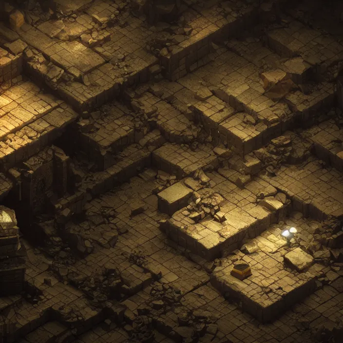 Image similar to isometric view of a dimly lit dungeon, broken tiles and debris, a 3 d render by paul kelpe, cgsociety contest winner, volumetric lighting, cinematic lighting, isometric