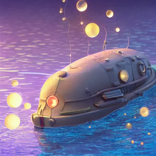 Image similar to tiny wooden submarine, floating, rbc, radiolaria, protophyta, micro - organisms, center frame, symmetric, rim light, marine microbiology, bioluminescence, electric, soft, concept art, intricate details, highly detailed, colorful, photorealistic, disney pixar, octane render, iridescent, anime, 8 k