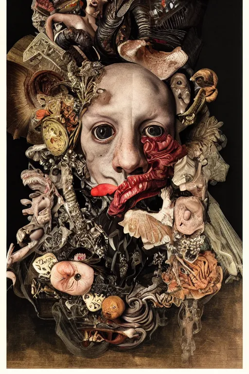 Prompt: Detailed maximalist portrait with large lips and with large wide eyes, surprised expression, surreal extra flesh and bones, HD mixed media, 3D collage, highly detailed and intricate, illustration in the style of Caravaggio, dark art, baroque