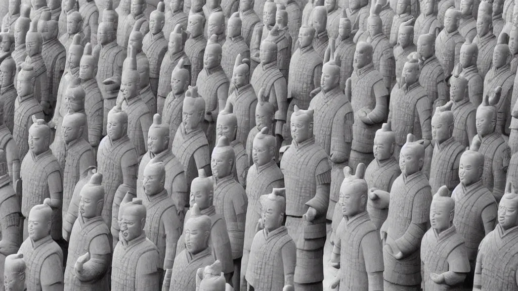 Prompt: A terracotta army of David Byrne in big suits, vintage photograph