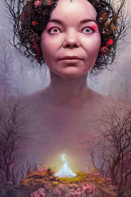 Image similar to beautiful bjork portrait by hubert robert and lee madgwick and roger dean and jacek yerka, dan mumford and alex grey style, soft lighting, 4 k hd wallpaper illustration concept joy atmospheric lighting