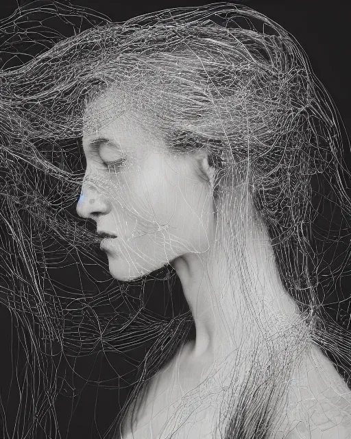 Image similar to a woman's face in profile, long flowing hair entwined in intricate decorative cobwebs, in the style of the dutch masters and gregory crewdson, dark and moody