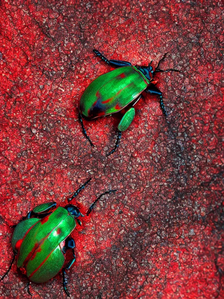 Prompt: subsurface scattering. close - up shot of a beautiful red green and white beetle. insect eyes. complementary color scheme. by alberto burri. studio photography high quality highly detailed award winning photograph by national geographic. soft volumetric light, smooth gradient.