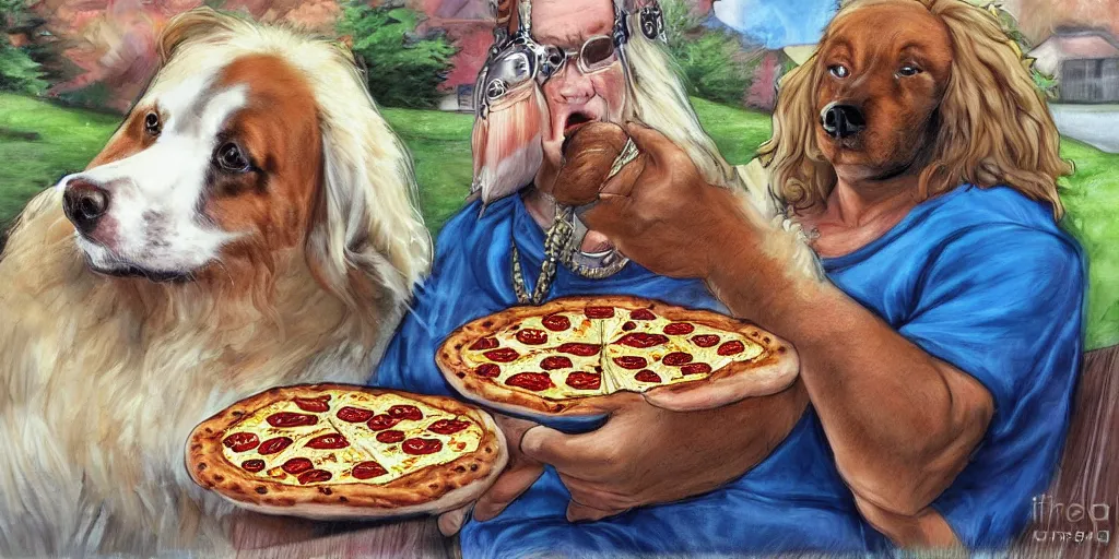 Image similar to a handsome dog the bounty hunter shares pizza with a furry, by wanda gag