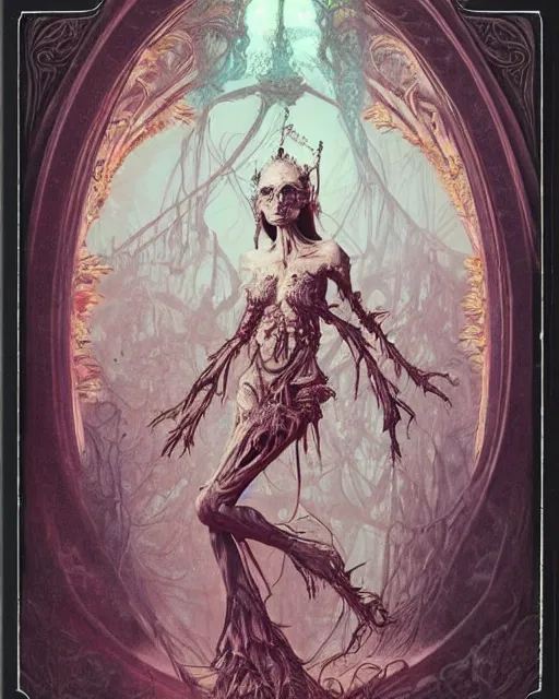 Prompt: a beautiful detailed front view of a dead rotten princess growing ornate baroque, ornamentation, elegant, beautifully soft lit, by wayne barlowe, peter mohrbacher, kelly mckernan, polaroid photography