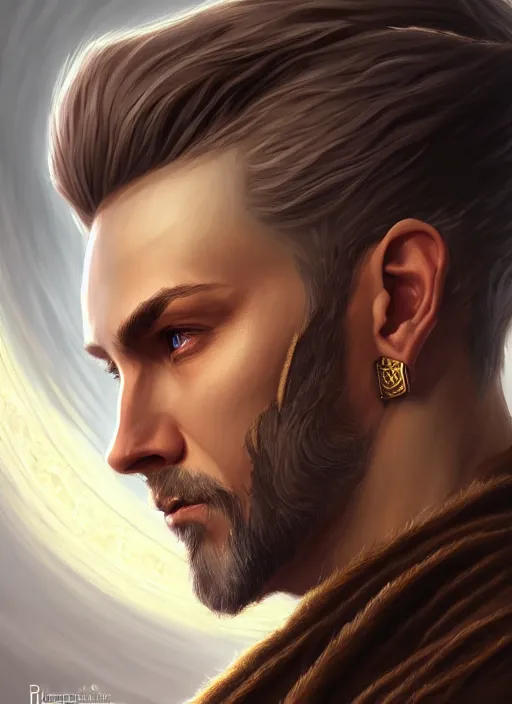 Image similar to a _ fantasy _ style _ portrait _ painting _ of wizard male, medium dark blonde pulled back side part and blonde stubble, brown eyes, rpg dnd oil _ painting _ unreal _ 5 _ daz. _ rpg _ portrait _ extremely _ detailed _ artgerm _ greg _ rutkowski _ greg