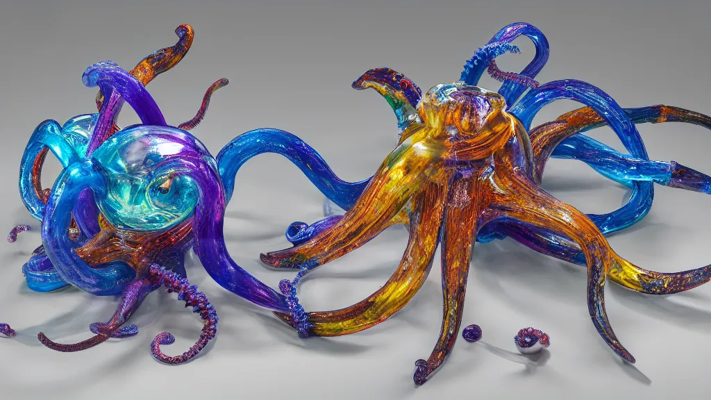 Prompt: Sculpture, a octopus made of blown glass, elegant, intricate detail, a splash of color, a masterpiece, refracting light, pbr, path tracing, refraction