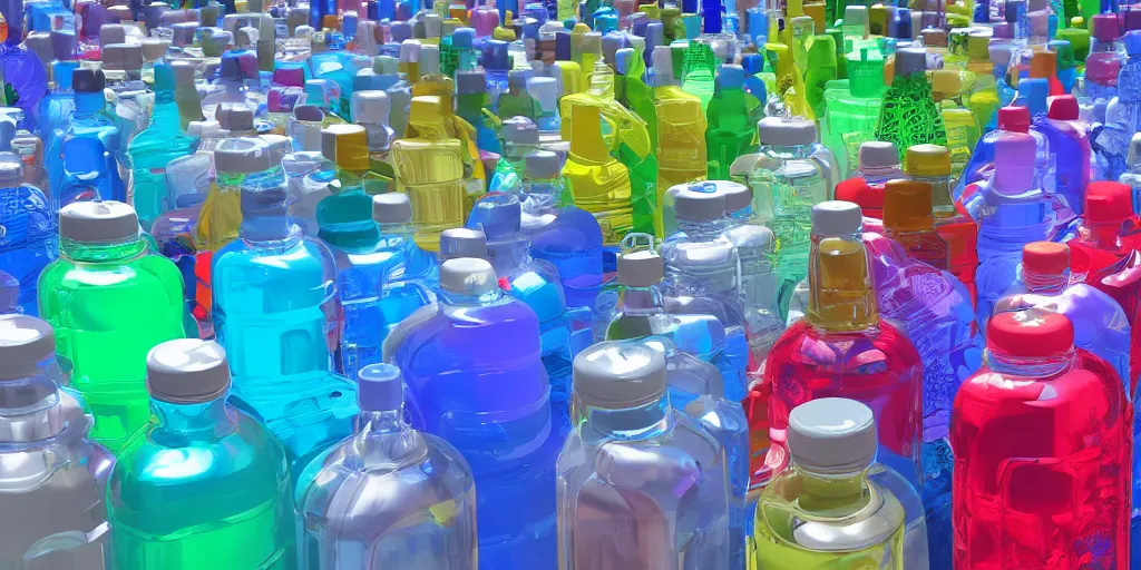 Image similar to a product picture of hundreds of water bottles, photographic filter, unreal engine 5, realistic, hyperdetailed, 8 k, cinematic, volumetric lighting, very realistic effect, hd, hdr, 4 k, sharp focus, octane render, ultra detailed, high resolution, trending on artstation in the style of albert dros glowing rich colors powerful imagery