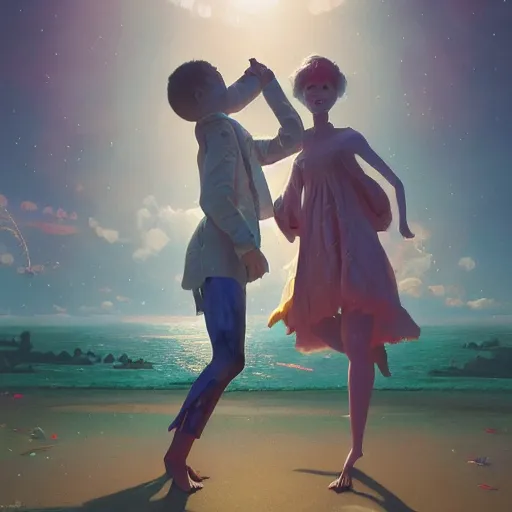 Image similar to highly detailed surreal vfx, 3 d mannequins dancing, happy energy, stephen bliss, unreal engine, greg rutkowski, loish, rhads, beeple, makoto shinkai and lois van baarle, ilya kuvshinov, rossdraws, tom bagshaw, global illumination, detailed and intricate environment