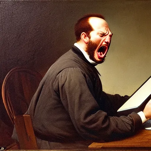 Image similar to an angry man yells at his computer monitor, oil on canvas, 1 8 8 3, highly detailed