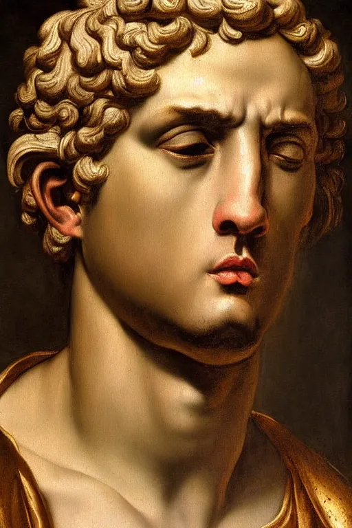 Image similar to renaissance painting of beautiful man, short hair, crying face, tears dripping from the eyes, emotions closeup, dressed in roman armour, ultra detailed, made in bronze, art by Guido Reni style, Vincenzo Catena style