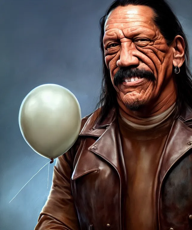 Image similar to danny trejo, cinematic, wearing a leather vest, holding a balloon elegant, highly detailed, digital painting, artstation, smooth, hard focus, illustration, art by jessica rossier and and brian froud