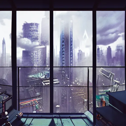 Prompt: cyberpunk, balcony, windows, light rays, buildings, city, skyscrapers, dystoptian, gorgeous view, no person, depth, adventure game by Lucas Arts, clouds, tending on artstation