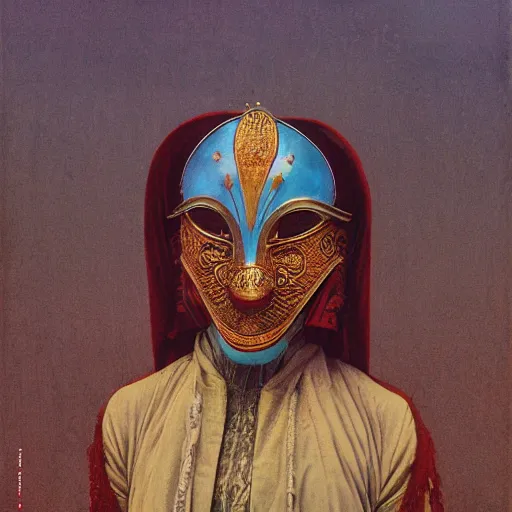 Image similar to portrait of masked Byzantine Tang Dynasty dancer on the art deco streets of the Undying Empire city of ya-Sattra during the Festival of Masks, award-winning realistic sci-fi concept art by Beksinski, Bruegel, Greg Rutkowski, Alphonse Mucha, and Yoshitaka Amano