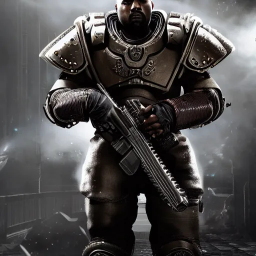 Image similar to Kanye West as 'the emperor of humanity from warhammer 40k' in 'Gears of War', splash art, movie still, cinematic lighting, detailed face, dramatic, octane render, long lens, shallow depth of field, bokeh, anamorphic lens flare, 8k, hyper detailed, 35mm film grain