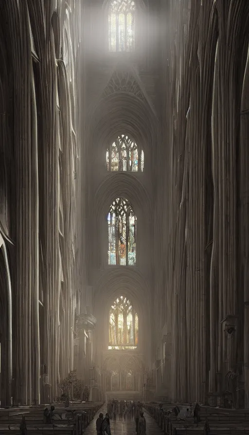 Image similar to a large cathedral with sunlight streaming through the windows, a detailed matte painting by michal karcz, cgsociety contest winner, fantasy art, matte painting, volumetric lighting, flickering light