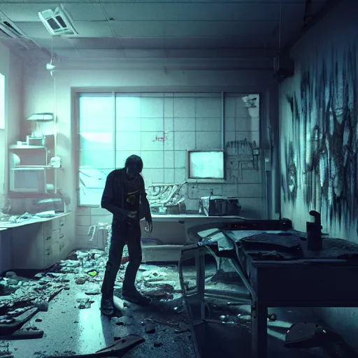 Prompt: tired drug addict holding a knife in an abandoned cyberpunk medical lab, ultra realistic, concept art, intricate details, eerie, highly detailed, photorealistic, octane render, 8k, unreal engine, art by Bjorn Hurri