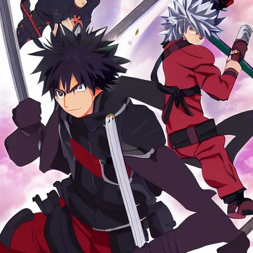 Prompt: a action packed anime wallpaper poster art of a male hero wielding two katanas, inspired by My hero academia and Naruto Shippuden, grey hair, young man, dark costume