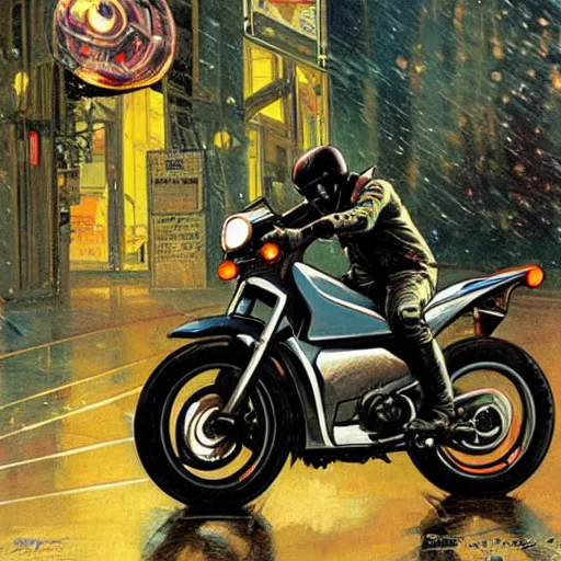 Prompt: futuristic drz 4 0 0 s time machine at night in the rain driving on the a city street by greg rutowski, by stanley artgerm, by alphonse mucha