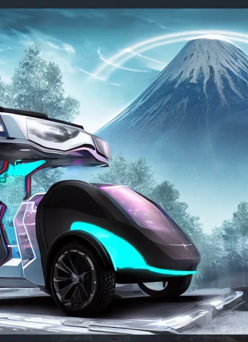 Image similar to a futuristic crystalpunk tesla cyber truck vehicle hover craft in the future of 2 0 8 9 futuristic version, cyberpunk look. digital art. trending on artstation. cyberpunk look hovering by mount fuji early in the morning with a few blossom trees around, high quality photo