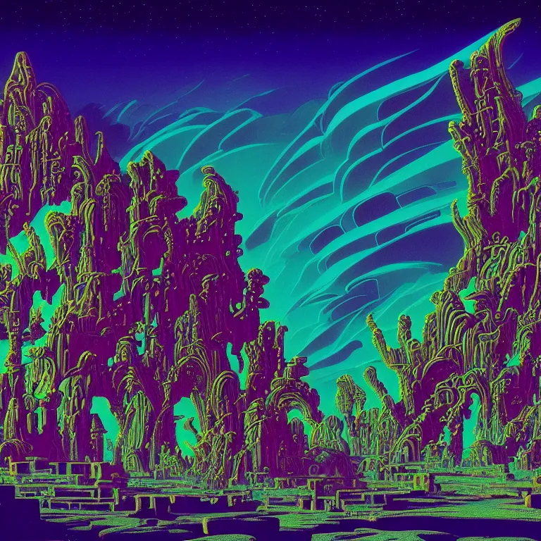 Image similar to epic shimmering ancient ruins in desert canyon valley night, haunted sky, infinite fractal waves, synthwave, bright neon colors, highly detailed, cinematic, eyvind earle, tim white, philippe druillet, roger dean, ernst haeckel, lisa frank, aubrey beardsley, kubrick, kimura, isono