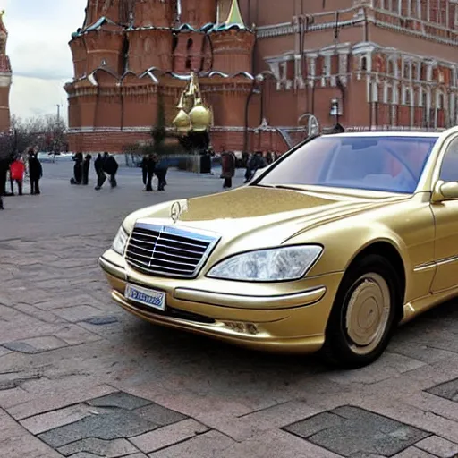 Image similar to gold Mercedes-Benz s500 long in the body 220 (w220) 2002 old year is located on the red square in Moscow