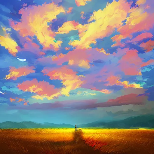 Prompt: beautiful digital art of a trail of clouds across the sky, beautiful, award - winning, digital art, yellow to red to blue sky, antview, perspective, by alena aenami, trending on artstation