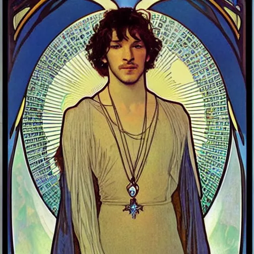 Image similar to gaspard ulliel portrait by louis - theophile hingre and alphonse mucha, realistic, sharp focus, zodiac signs, tarot cards, planets, ethereal, art nouveau, magic, moon, sun, crown, dreamy, royal, jewellery