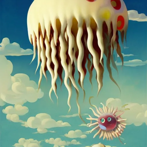 Image similar to Giant ice cream jellyfish fly through the air, as a tornado approaches, by Takashi Murakami, Edward Hopper, Bo Bartlett, and Cynthia Sheppard, Artstation