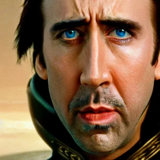 Prompt: Nicholas Cage in Dune, blue eyes, cinematic, IMAX