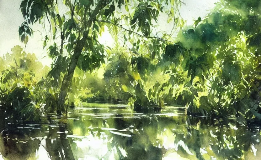Prompt: watercolor lanscape by anders zorn, jungle nature, fruit trees, very very very very beautiful art, dramatic light, water reflections, aquarelle paint splashes and drips, drops