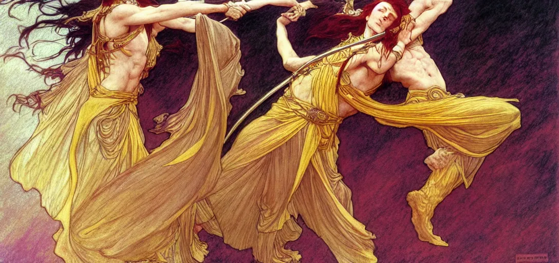 Prompt: a dual wielding golden swordsman leans back as he dances elegantly in the wind, his robes and long hair flowing in the breeze, his enemies lying on the ground below, fantasy, Mucha, MTG, Game of Thrones, salsa dancing, Rossetti, Millais