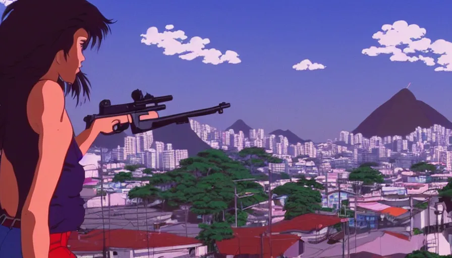 Image similar to 1 9 8 6 movie screencap of a girl with a gun on a rio de janeiro, gucci clothes, studio ghibli sky, beautiful favela background extremely utra high quality artwork 8 k