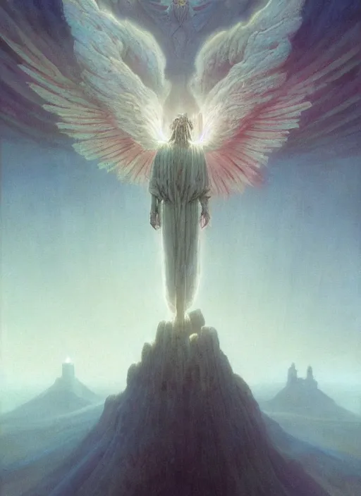 Image similar to giant white glowing angel rising above foggy city by wayne barlowe, wes anderson, roger dean, mikalojus konstantinas ciurlionis and wadim kashin, rich moody colours, 90-s anime, ethereal, lo-fi retro videogame