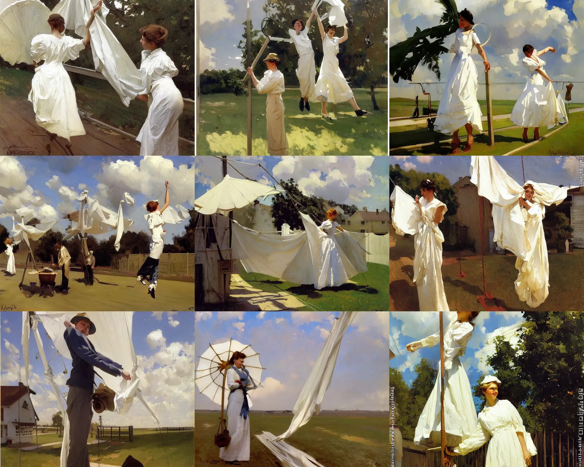 Prompt: painting by sargent and leyendecker and greg hildebrandt savrasov levitan clean white washing blowing in the wind on a washing line