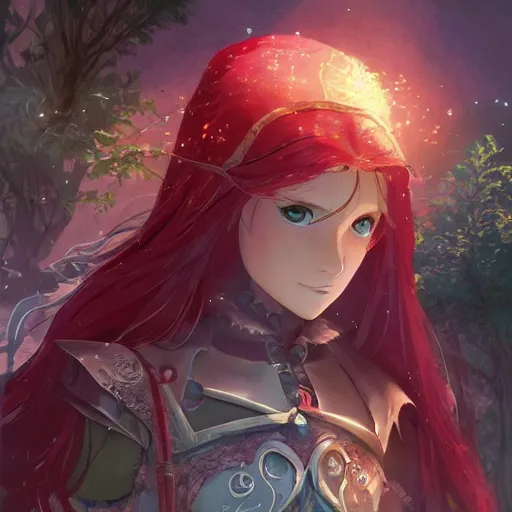 Image similar to an elven priestess with red long hair in a very good beautiful heavy scale armor, wearing a cape, casting a fire spell, dungeon background, magical, bright, colorful, fantastic lighting, amazing details, 4 k uhd, illustration by hayao miyazaki and makoto shinkai and ilya kuvshinov, artstation, pixiv,