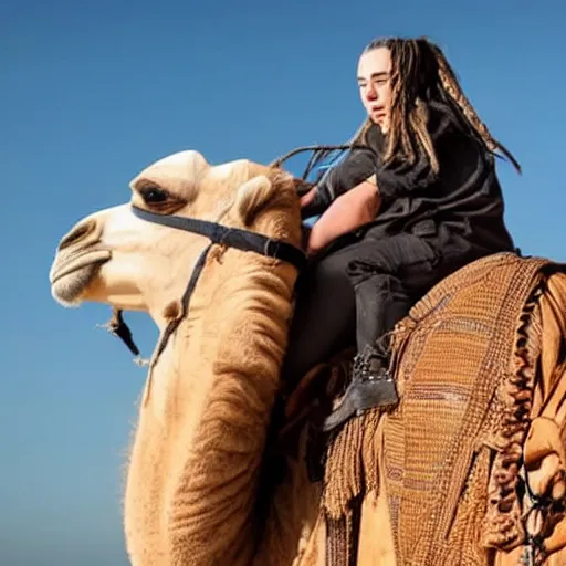 Image similar to close up shot of billie eilish riding a camel